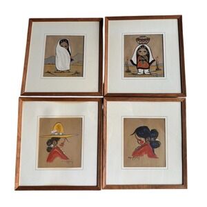 Native American Children Gerda Christoffersen Art Print Lot of 4 Framed Folk Art